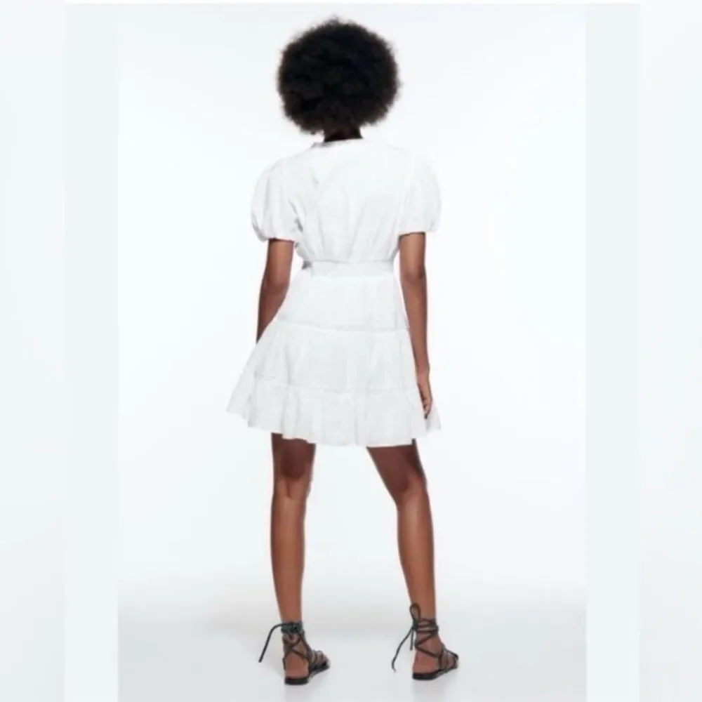 NWT Zara Lace Insert Trim Balloon Sleeve Cotton Tiered Mini Dress in White - Picture 7 of 12